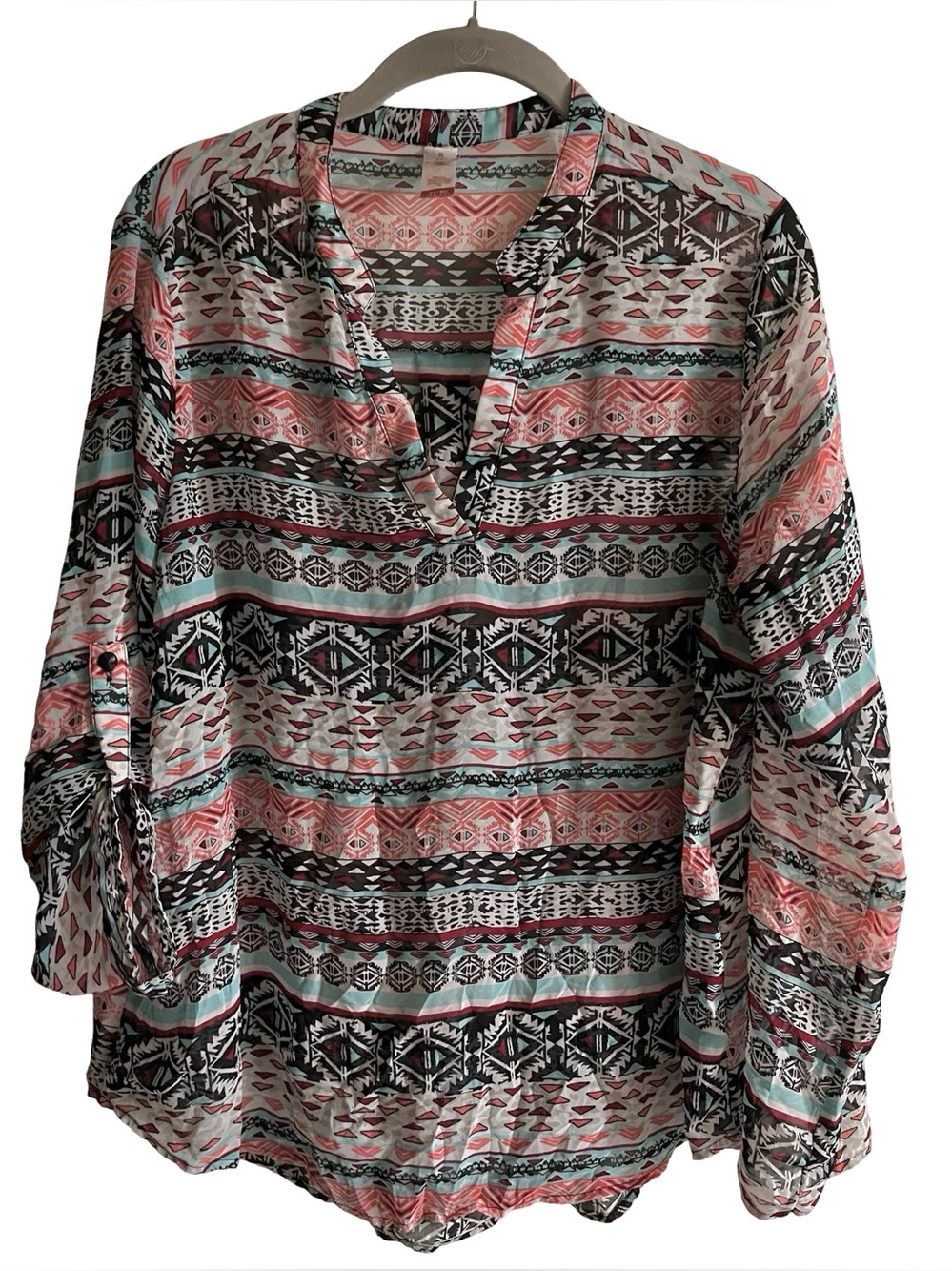 No Boundaries Sheer Boho Aztec Blouse Top-Sz XL